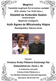 Auth Ágnes és Milcsinszky Alajos lesznek a Közéleti és Kulturális Szalon vendégei